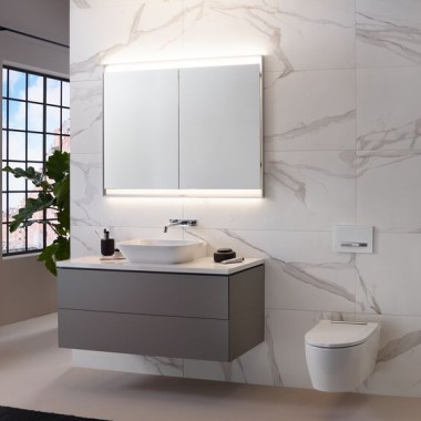 Geberit ONE fürdőszobai termékcsalád láva színben, fehér Sigma50 működtetőlappal