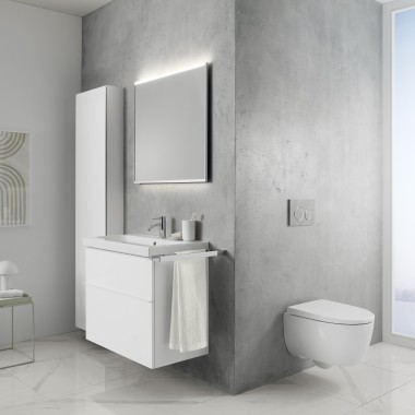 Geberit iCon fürdőszobai termékcsalád egy szürke-fehér fürdőszobában
