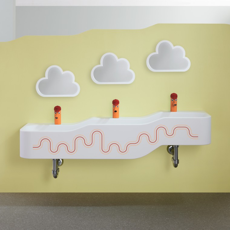 Geberit Bambini játszó- és mosakodó hely kármin vörös és narancssárga színben Geberit Bambini játszó- és mosakodó hely kármin vörös és narancssárga színben