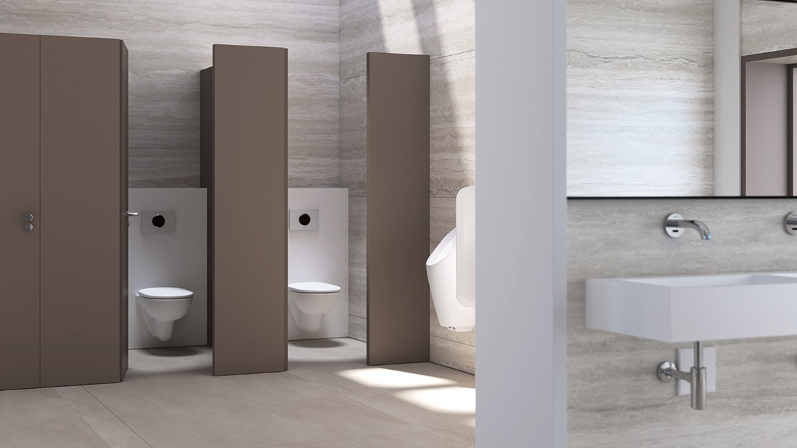 Nyilvános WC Geberit öblítőtartályokkal, működtetőlapokkal és vizeldékkel Nyilvános WC Geberit öblítőtartályokkal, működtetőlapokkal és vizeldékkel