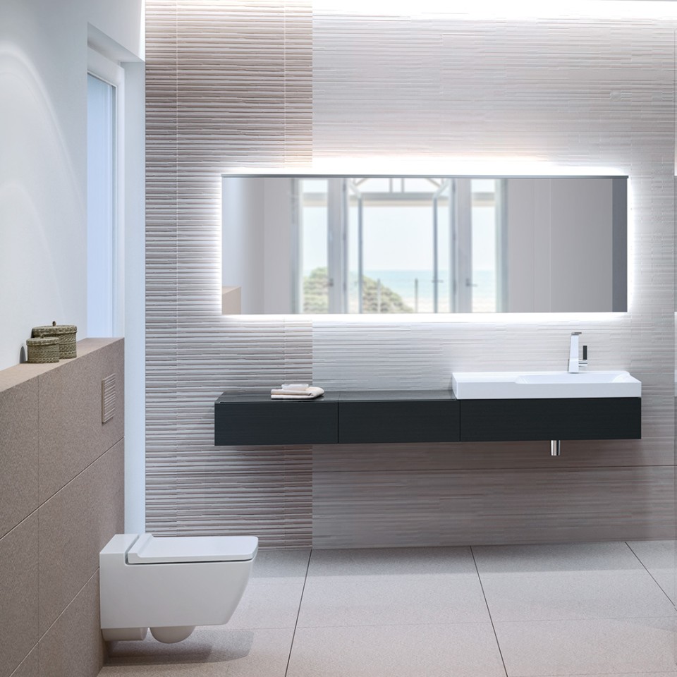 Fürdőszoba Geberit Xeno² peremmentes WC-vel, Sigma70 működtetőlappal és mosdóval