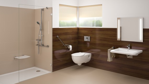 Akadálymentes fürdőszoba mosdótérrel, WC-vel és padlóba süllyesztett zuhanyzóval