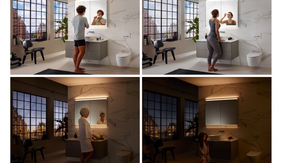 Különböző fényhatások a fürdőszobában a Geberit ComfortLight világítási koncepcióval (© Geberit)