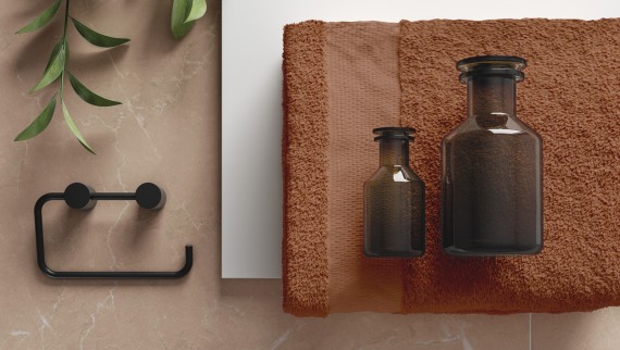 Fürdőszoba trendi Peach Fuzz színben Geberit AquaClean Alba higiéniai berendezéssel Fürdőszoba trendi Peach Fuzz színben Geberit AquaClean Alba higiéniai berendezéssel