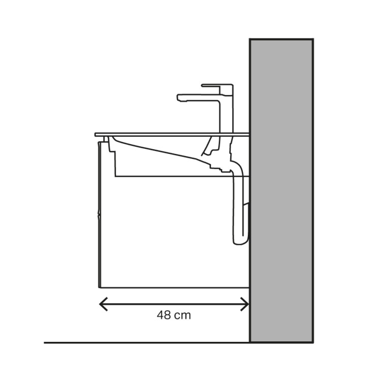Mosdókagyló-illusztráció 48 cm-es kinyúlással és vízszintes lefolyóval Mosdókagyló-illusztráció 48 cm-es kinyúlással és vízszintes lefolyóval
