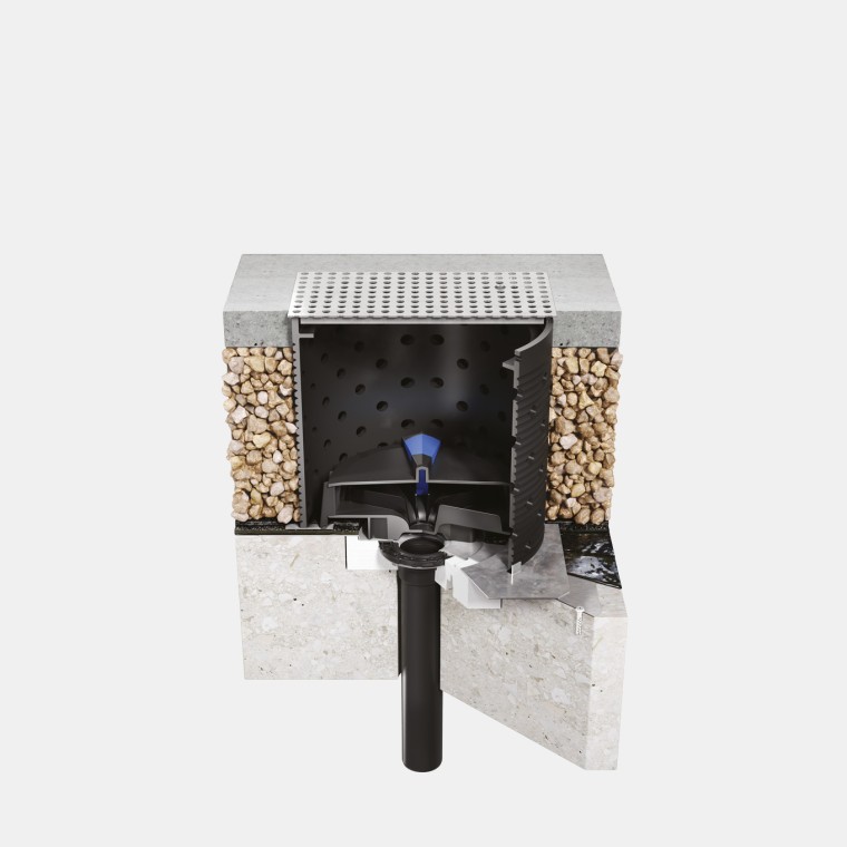 Geberit Pluvia rendszer telepítése járható, bitumenes vízszigetelésű betontetőn Geberit Pluvia rendszer telepítése járható, bitumenes vízszigetelésű betontetőn