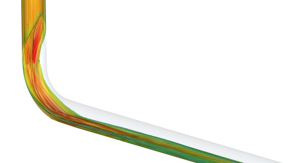 A CFD-animáció az áramló víz csekély energiaveszteségét mutatja a Geberit BottomTurn ívidomban