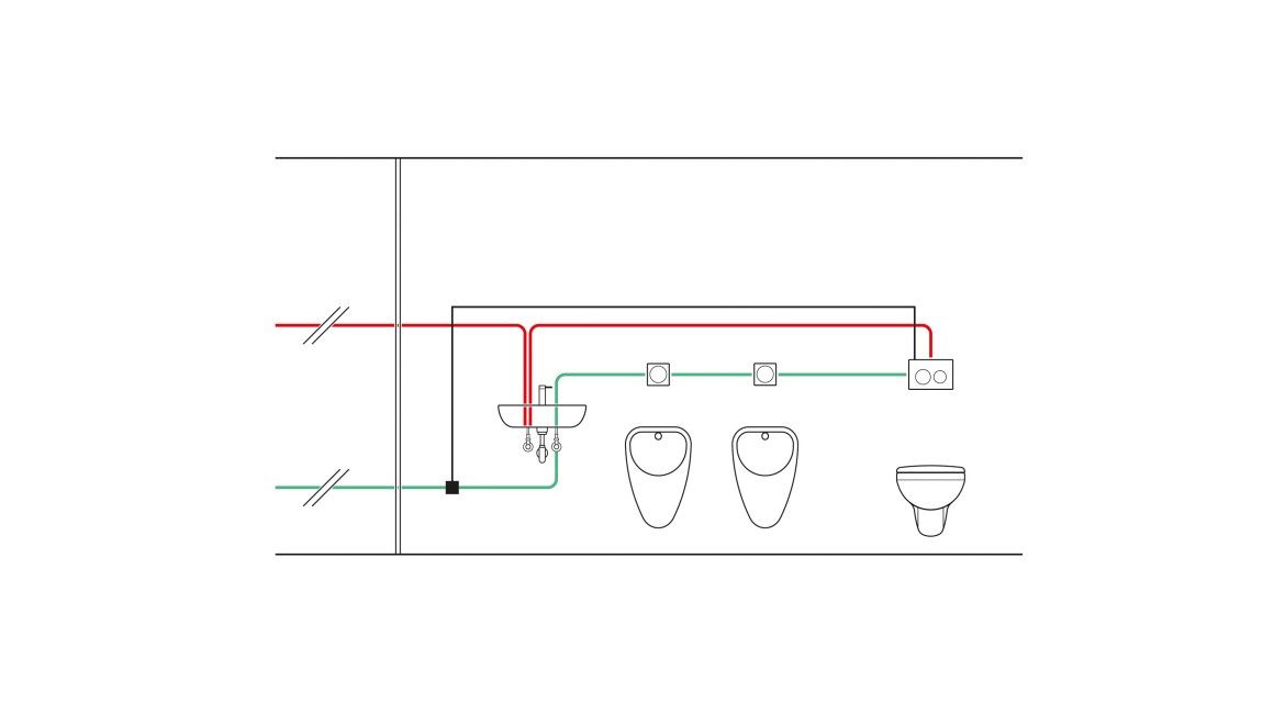 Példa egy hőmérséklet-vezérelt, higiéniai öblítőberendezéssel és hőmérséklet-érzékelővel ellátott falba rejtett öblítőtartály csővezetékeinek kiépítésére (© Geberit)