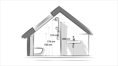 Tetőtéri fürdőszoba vázlatrajza az optimális magasságok adataival 