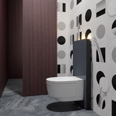 Vendég-WC a Geberit AquaClean Mera higiéniai berendezéssel és a Monolith szaniter szerelőmodullal (©Bloomrealities/HTA für H.O.M.E. Haus 2022)
