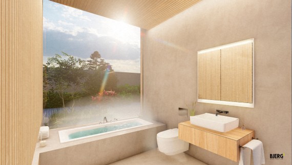 A hat négyzetméteres fürdőszoba a nyugalom és a meghittség érzését kelti (© Bjerg Arkitektur)