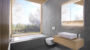 A hat négyzetméteres fürdőszoba a nyugalom és a meghittség érzését kelti. (© Geberit)