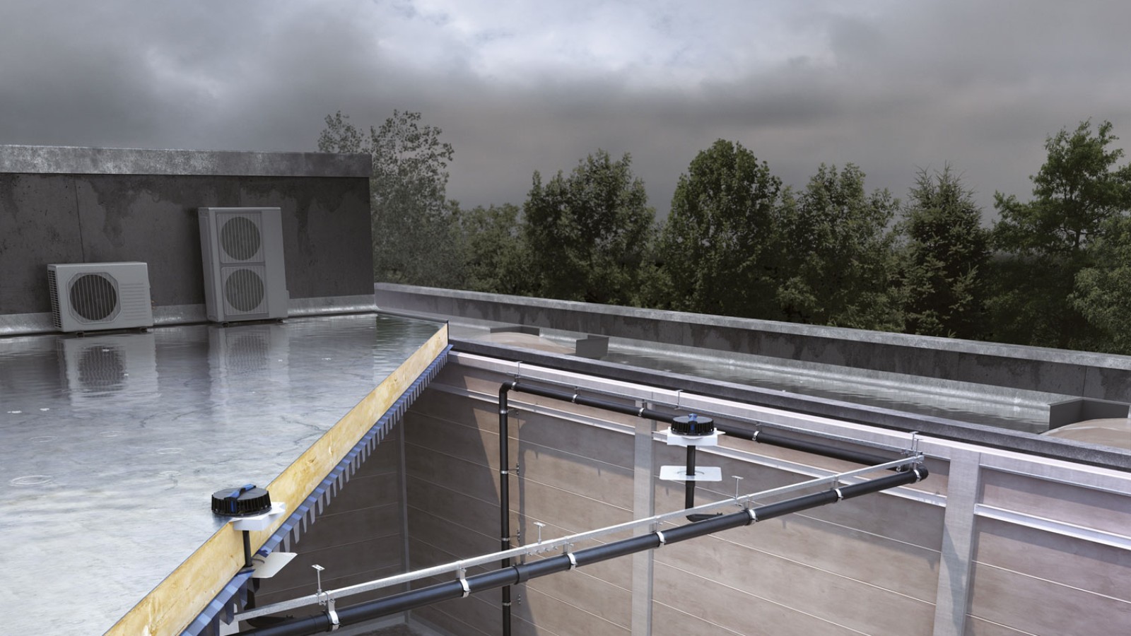 A Pluvia esővíz-elvezető rendszer viszonylag kevés összefolyóelem alkalmazásával mindhárom torony vízelvezetésére képes. (© Geberit) A Pluvia esővíz-elvezető rendszer viszonylag kevés összefolyóelem alkalmazásával mindhárom torony vízelvezetésére képes. (© Geberit)