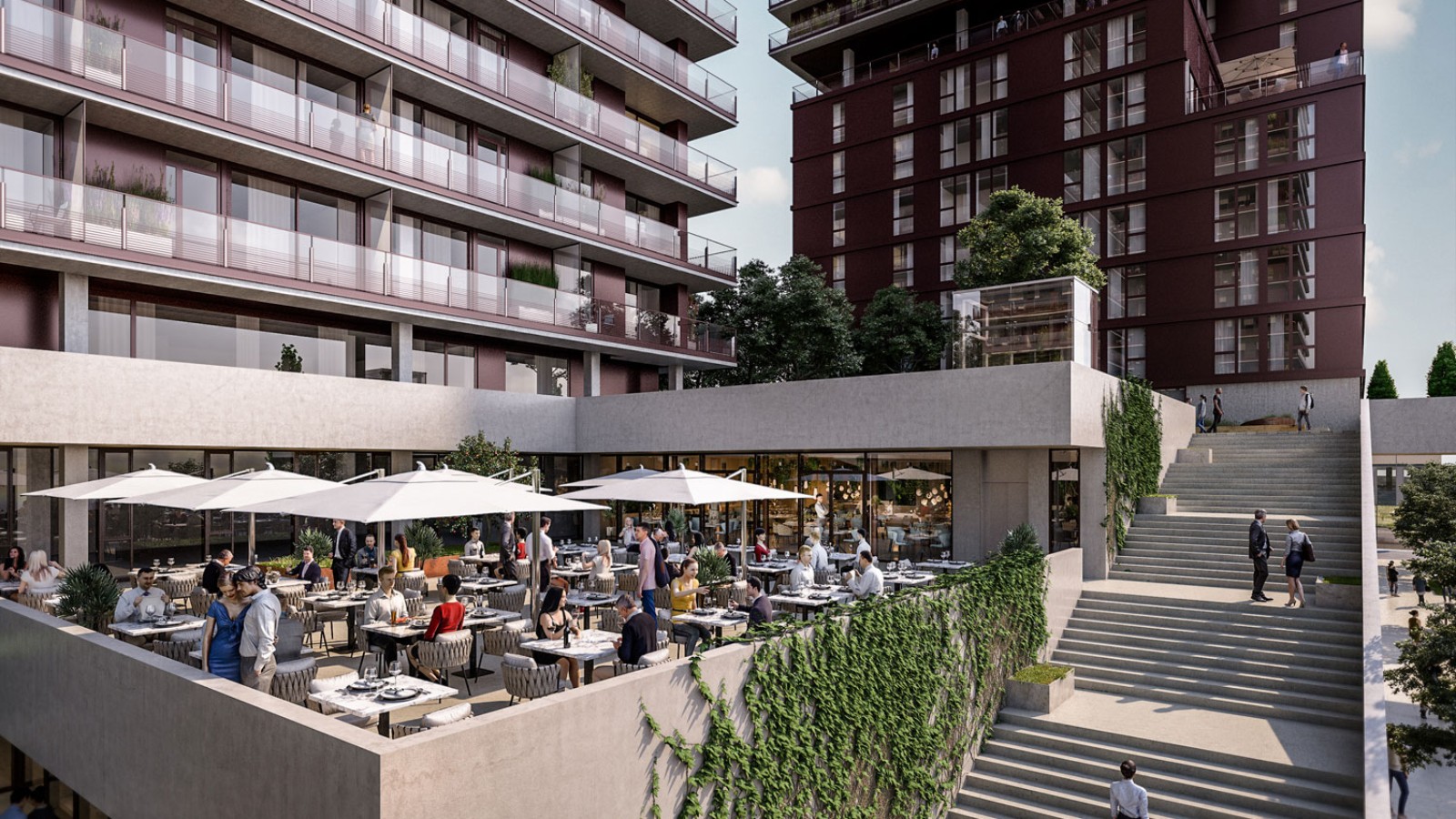 Tekintélyes méretű tetőteraszok és vendéglátóhelyek is a kínálat részét képezik. (© Soravia) Tekintélyes méretű tetőteraszok és vendéglátóhelyek is a kínálat részét képezik. (© Soravia)