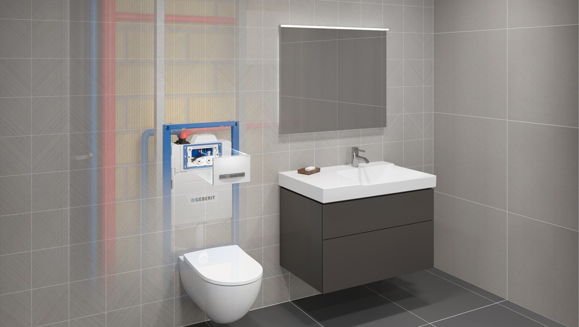 Falba rejtett öblítőtartályba integrált higiéniai öblítőberendezés, amely helyiségszakaszokhoz (pl. egy lakóegységhez) alkalmazható (© Geberit)