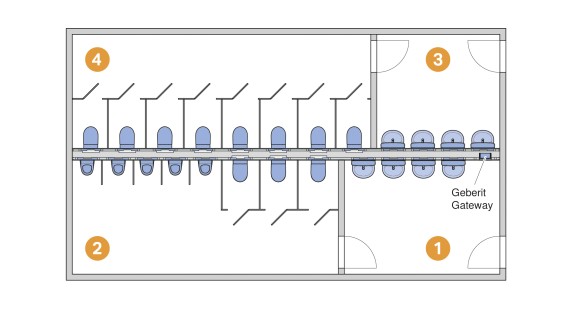 1. zóna: Férfi WC előtér; 2. zóna: Férfi WC; 3. zóna: Női WC előtér; 4. zóna: Női WC