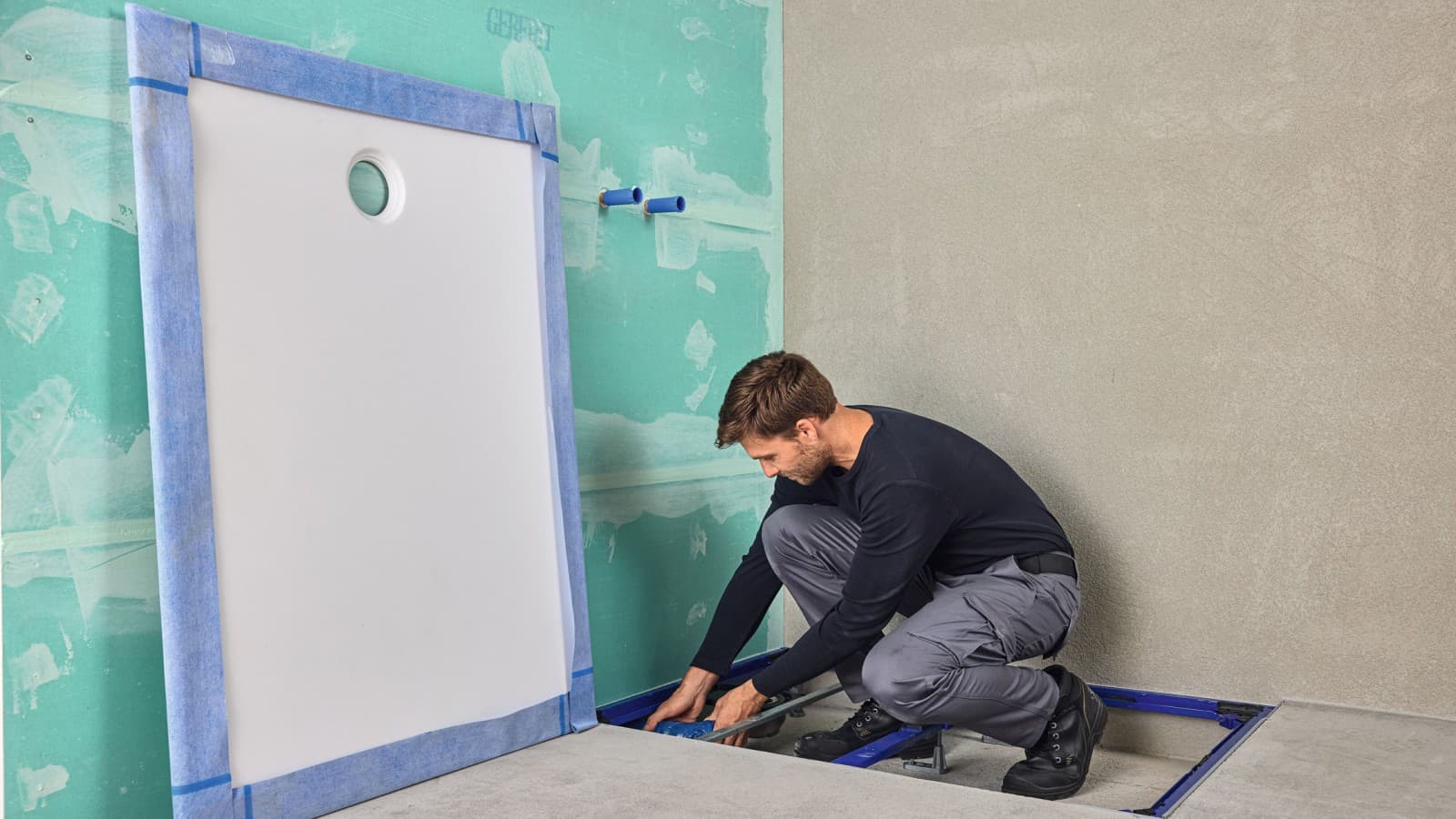 Geberit Duofix zuhanyzóhoz és Geberit CleanFloor30 gyárilag felhelyezett szigetelőgallérral Geberit Duofix zuhanyzóhoz és Geberit CleanFloor30 gyárilag felhelyezett szigetelőgallérral