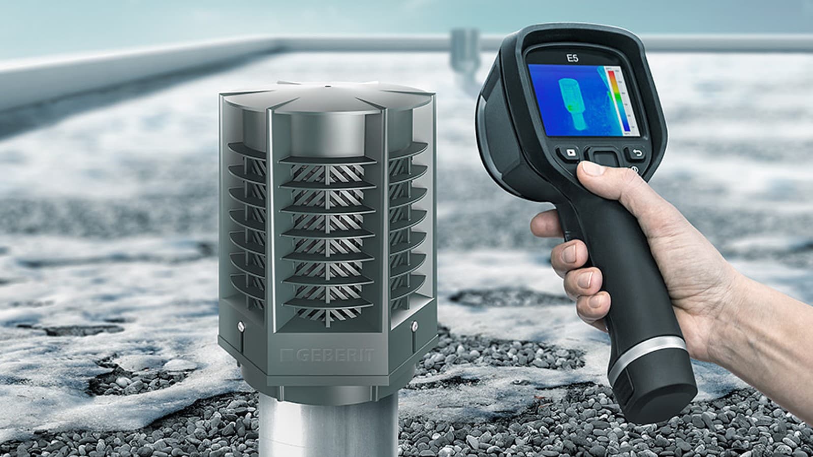 A hőkamerás felvétel csekély energiaveszteséget mutat a Geberit ERV energia-visszatartó szelepnek köszönhetően A hőkamerás felvétel csekély energiaveszteséget mutat a Geberit ERV energia-visszatartó szelepnek köszönhetően