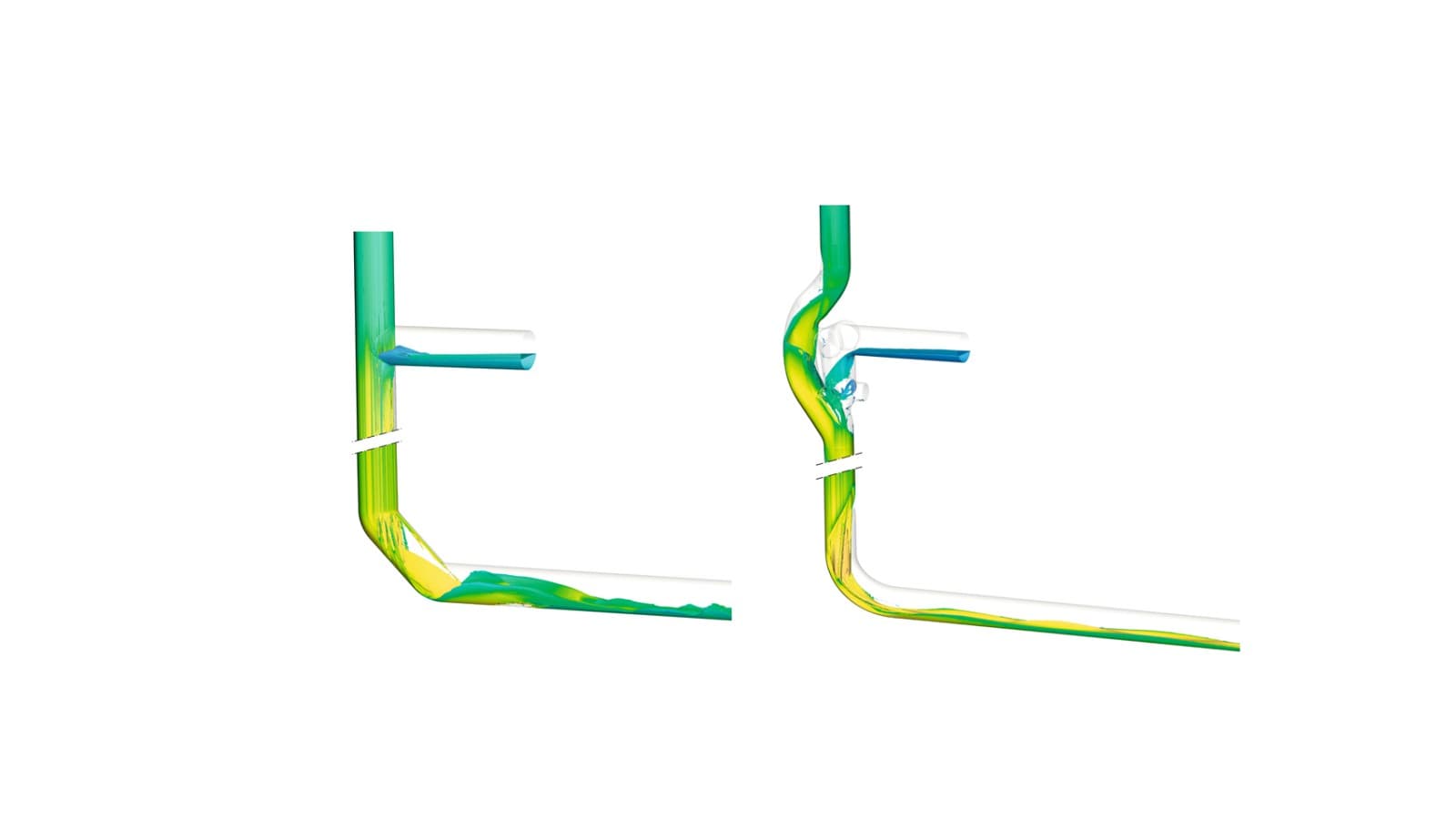 A Geberit Silent-db20 rendszerben használt két 45°-os d160-as ívidom segítségével történő irányváltás – a bal oldali ábrán – örvényeket hoz létre a csővezetékben, amelyek fokozzák a zajképződést. Ezzel szemben a jobb oldali ábrán látható Geberit Silent-db20 BottomTurn ívidom az ejtővezeték gyűrűs áramlását nyugodtan és rendezett módon vezeti át réteges áramlásba A Geberit Silent-db20 rendszerben használt két 45°-os d160-as ívidom segítségével történő irányváltás – a bal oldali ábrán – örvényeket hoz létre a csővezetékben, amelyek fokozzák a zajképződést. Ezzel szemben a jobb oldali ábrán látható Geberit Silent-db20 BottomTurn ívidom az ejtővezeték gyűrűs áramlását nyugodtan és rendezett módon vezeti át réteges áramlásba
