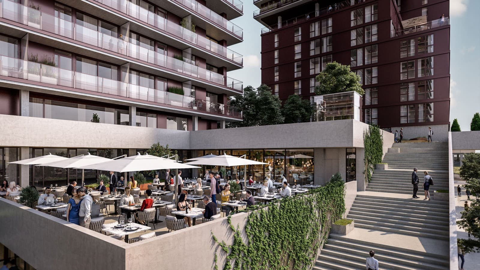 Tekintélyes méretű tetőteraszok és vendéglátóhelyek is a kínálat részét képezik. (© Soravia) Tekintélyes méretű tetőteraszok és vendéglátóhelyek is a kínálat részét képezik. (© Soravia)